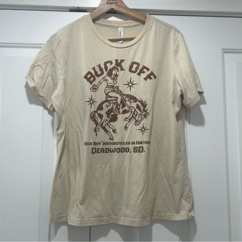 Buck Off Graphic Tee - Tan Cowboy Print